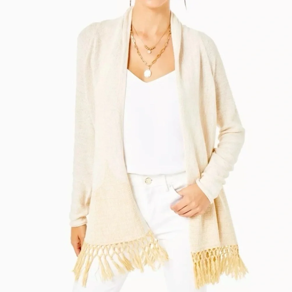 Lilly Pulitzer Tatum Long Fringe Hem Open Cardigan Sweater Gold Metallic Size XS